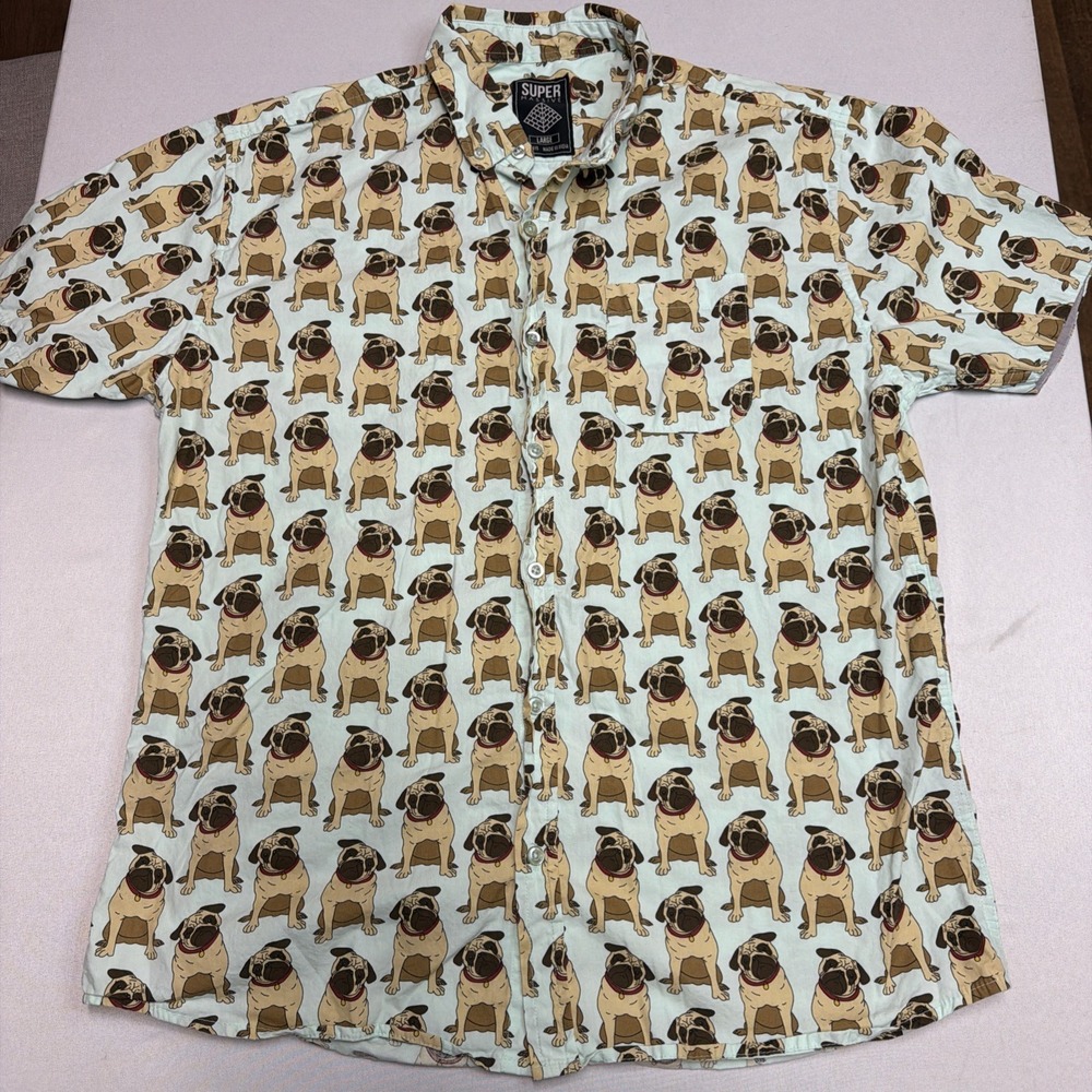 Super Massive Pug Dog Button Down Short Sleeve Novelty Shirt Men's Large - Picture 2 of 7